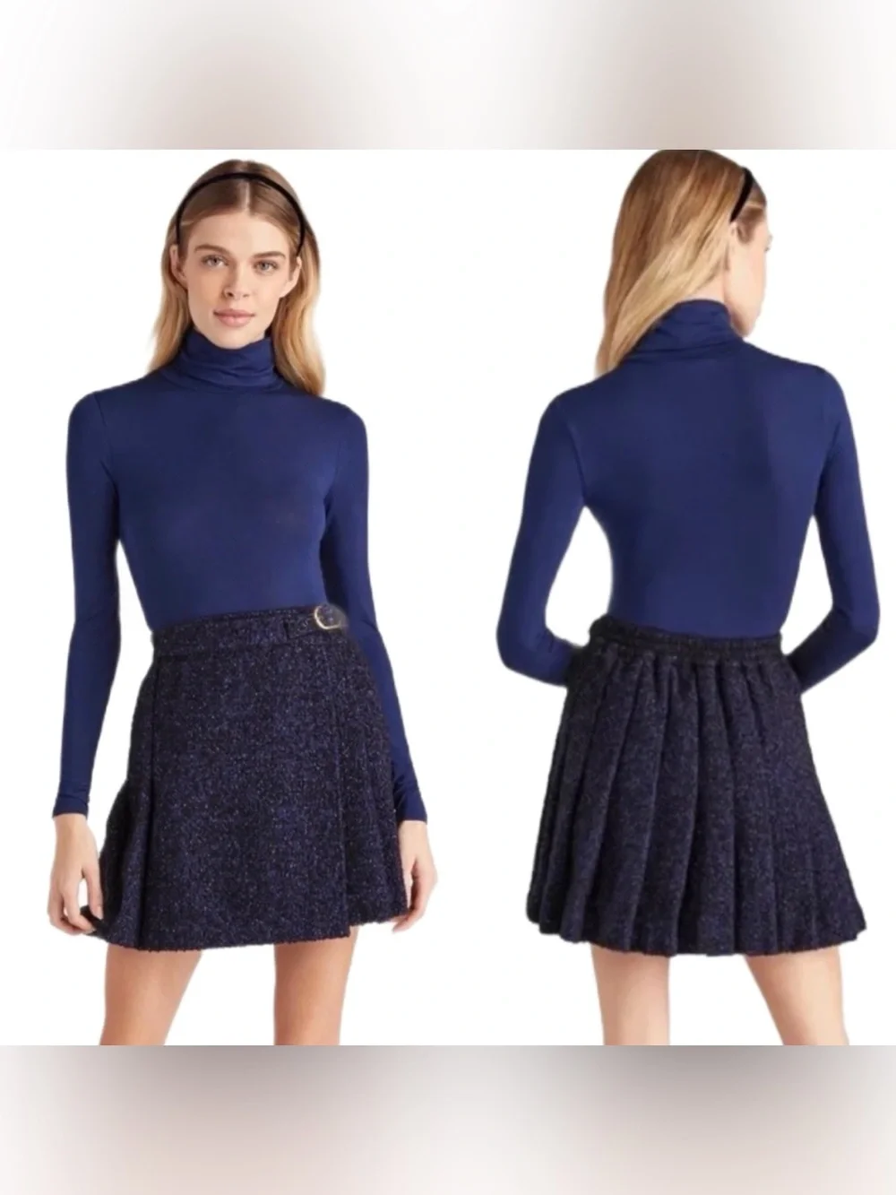 Hill House Blair Skirt Navy Tweed Pleated Mini, Size Small, Elastic Waist